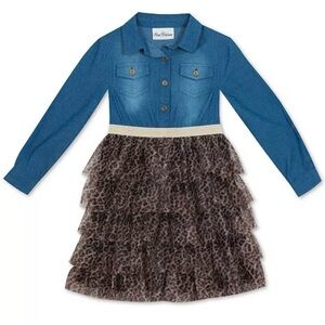 Rare Editions Denim & Leopard-Print Tiered Dress